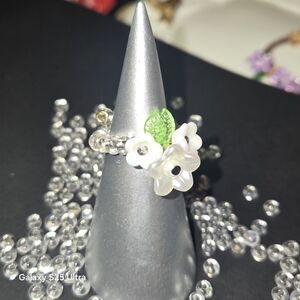 Floral Pearl Ring with Green Accents